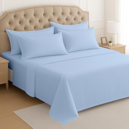 Mattress-Homes Extra Deep Pocket 6 Piece Queen Sheet Set, Hotel Luxury Collection, 100% Egyptian Cotton, 21" Deep Fitted Sheet, Soft, Cool & Breathable Bedding with 4 Pillowcases in Light Blue Solid by Mattress-Homes - Used condition - Image 2