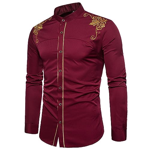 Chemise manches longues hommes mode ajustée brodée unie bordeaux royale