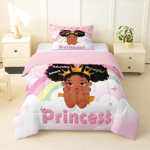 Erosebridal Black Girls Toddler Comforter Set Pink Rainbow Princess Bedding Set for Kids Nursery African American Quilt Set Black Princess Girl Duvet Insert Pretty Little Girls Inspirational Bed Set
