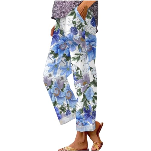 Image of Women's Vintage Floral-Print Patchwork Cotton-Linen Trousers with Pockets, Wide-Leg Casual Pants for Art Fairs, Creative Workshops & Weekend Getaways Blue