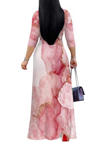 Image of Plus Size Dresses for Women Print Maxi Dresses 3 /4 Sleeve with Belt