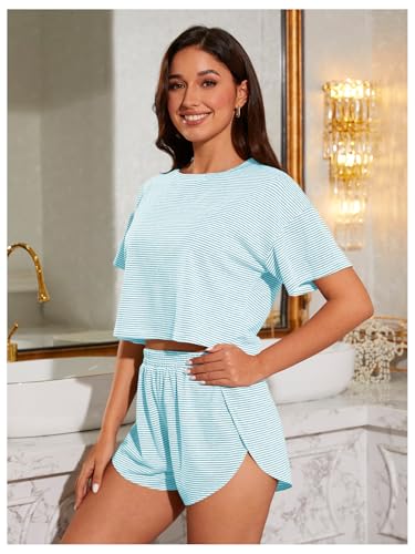 Image of OYOANGLE 2 Pack Pajama for Woman Set Summer Cute PJ Sets Striped Short Sleeve Tshirt and Split Shorts Lounge Set