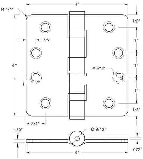 Deltana S44R4HDB15 4" x 4" x 1/4" Radius Hinge; Heavy Duty; Ball Bearings; Satin Nickel Finish