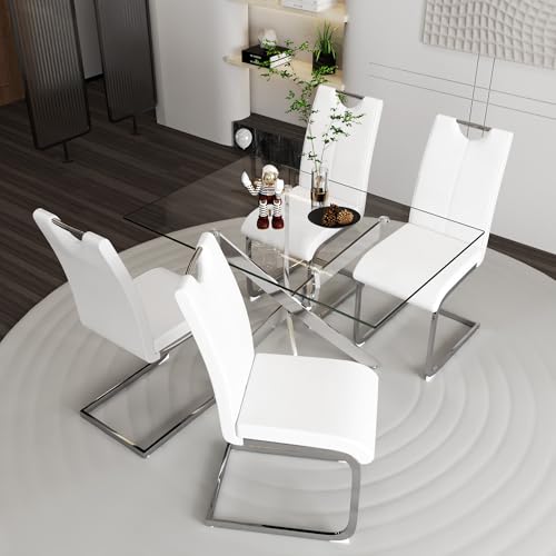 Image of 5 Piece Dining Table Set for 4, Modern Tempered Glass Kitchen Table with 4 Upholstered Chairs and Faux Leather Cushions, Space-Saving Small Apartment Dining Kitchen Room Set