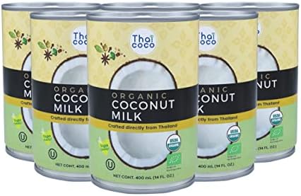 Thai Coco Organic Coconut Milk Canned - Full Fat Coconut Milk Unsweetened - Dairy Alternative Coffee Creamer - 100% Organic - USDA Organic Certified - BPA Free - 6 Cans of 14 fl. oz.