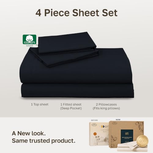 Image of Soft Natural 100% Cotton Sateen King Sheets, 4 Pc Set, Midnight Deep Blue