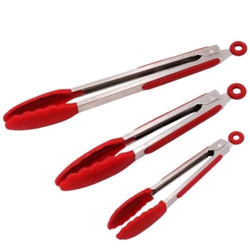 Kitchen Tongs, Set of 3-7, 9, 12 Inch Heavy Duty, Non-stick Silicone, Stainless Steel Locking Kitchen Tongs for Barbeque, Cooking or Grilling
