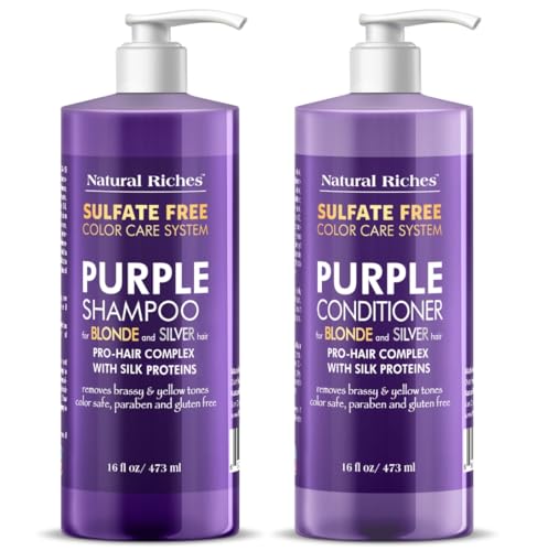Hair Biology Biotin-Infused Purple Shampoo and Conditioner Set for Grey Hair, Anti-Brassiness, Moisturizing, Color-Safe, Silver & Glowing, Corrects Yellow Tones, 12.8 Fl Oz Each, 2 Pack