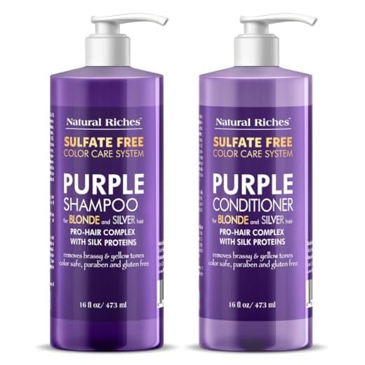 Natural Riches Purple Shampoo and Conditioner Set Sulfate Free Salon Grade for Silver Blonde and Platinum Hair. Removes Yellow & Brass tones. Blonde Shampoo for Silver Grey Highlighted Hair 16x2 fl oz