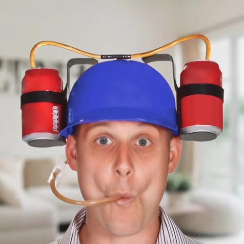 Beer Hat Drinking Hat Fun Drink Hat Safe Plsatic Drinking Helmet with Can Holder and Straw, Funny Hat for Beer Soda Party Football Games Novelty Gift Blue Beer Hats Beer Drinking Hat