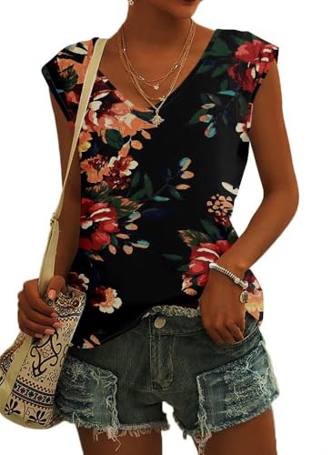 GeGekoko Damen T-Shirt Kurzarm V-Ausschnitt Flügelärmeln Oberteile Blusen Sommer Casual Lose Tank Top Basic Mädchen Tops