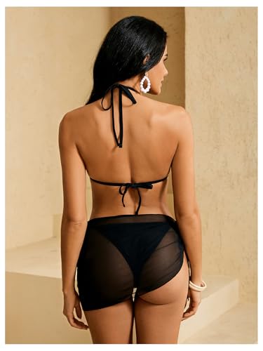 WDIRARA Women's Skull Rhinestone Triangle Halter Tie 3 Piece Metallic Swimsuit and Wrap Skirt2