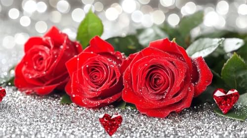 Quxaoqiao DIY 5D Adultos Diamante Pintura Arts Taladro Completo Kits Diamond Painting Agua De Rosas Rojas Cubierta De Rocío Imagen Pintura Para Decoración Pared Hogar Taladro Cuadrado 45x80cm AD2603