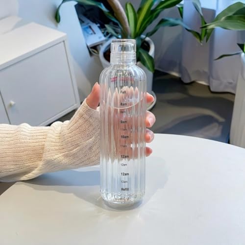 Image of Borosilicate Water Bottles, H2O Fridge Water Bottle with Cap, Leak proof & Airtight Lid, Water Bottle for Office, School, College - 500ml Bottles with Time Marker (Striped White)