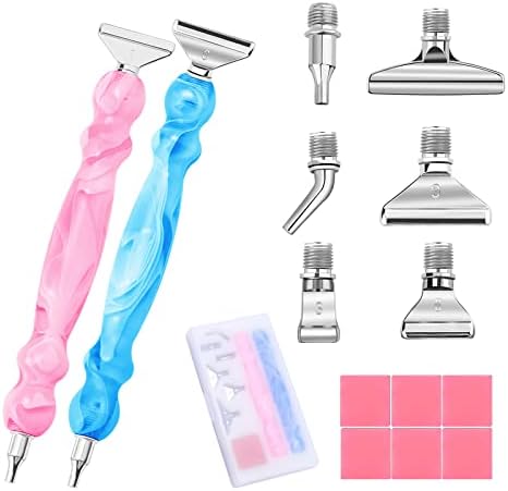Metal Diamond Painting Pen Kits 15 Pieces,Screw Thread Tips,2 Pieces Diamond Art Pen,6 Pieces Stainless Steel nibs,6 Glue Clays, 5D Diamond Painting Accessories Tools for DIY Craft (Pink+blue)