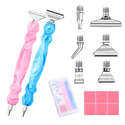 Metal Diamond Painting Pen Kits 15 Pieces,Screw Thread Tips,2 Pieces Diamond Art Pen,6 Pieces Stainless Steel Nibs,6 Glue Clays, 5D Diamond Painting Accessories Tools For Diy Craft (Pink+Blue) #TOP20