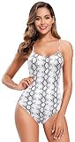 SHEKINI Damen Einteiliger Badeanzug Niedriger Kragen Verstellbarer Rückenfrei Monokini Sommer One-Piece Baywatch Bademode für Frauen(M, Schlangenmuster)