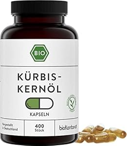 bioKontor – Bio Kürbiskernöl Kapseln 400 Stück – Kürbiskernöl nativ kaltgepresst – hochdosiert 1000 mg Tagesdosis – vegane Kapseln – Pumpkin Seed Oil Kapseln – Nahrungsergänzung – Vorratspackung