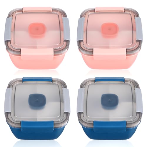 Lemecima Salad Lunch Container To Go, 4 Packs 50-oz Bowls With 3 Compartments, Dressings Container for Toppings, Snacks, Men, Women (Pink+Blue)