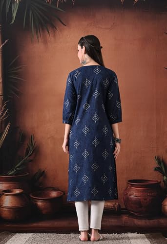 Image of Ichaa Women's Pure Cotton Embroidered Round-Neck Ethnic Kurta with 3 /4th Sleeve for Daily and Office Wear, in Plus Sizes