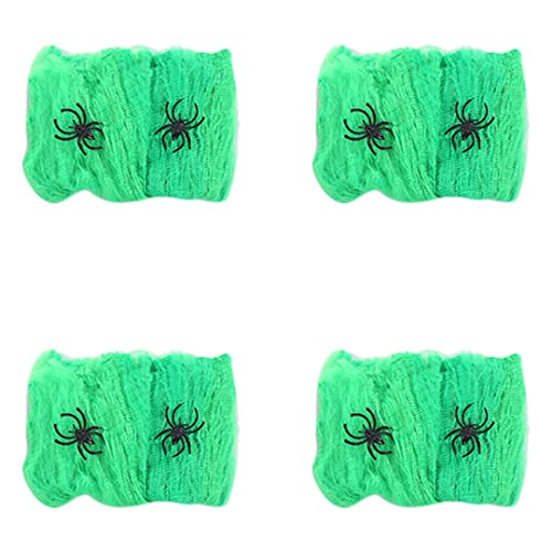 Conjunto de 4 tecidos de aranha de Halloween com 8 aranhas falsas, teias falsas grandes, teias elásticas para artigos de festa de Halloween, cor verde