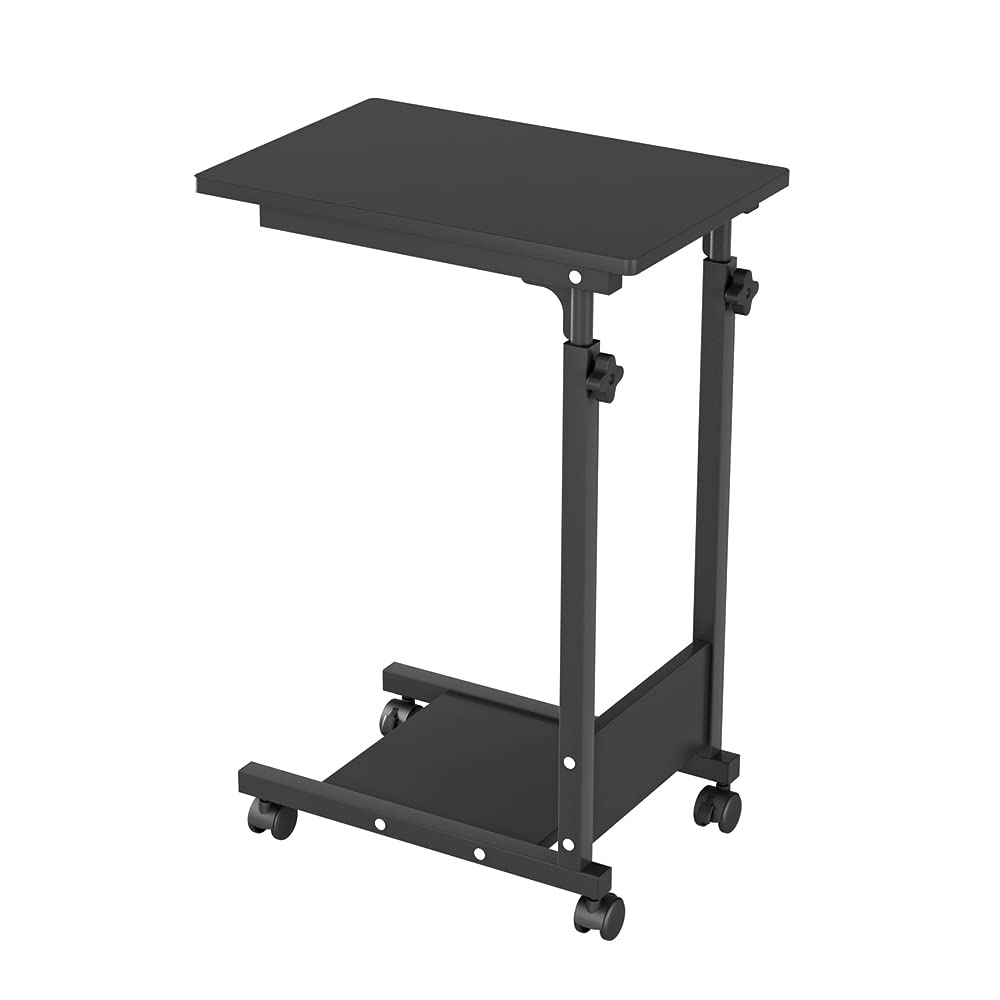 HUOLE Tavolino a forma di C, punta del divano con ruote, tavolo da letto con tasca, tavolo per computer portatile, telaio in metallo, max 15 kg, 56,5 x 37 x 95 cm, nero