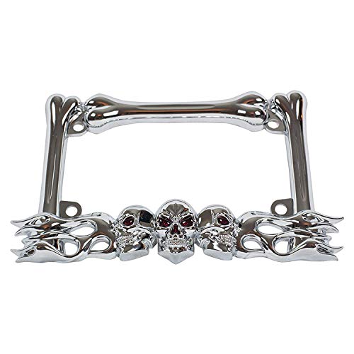 YuanKanJu Ekimo Chrome Metal 3-D Skull Flame Bones Motorcycle License Plate Frame (for Motorcycle only)