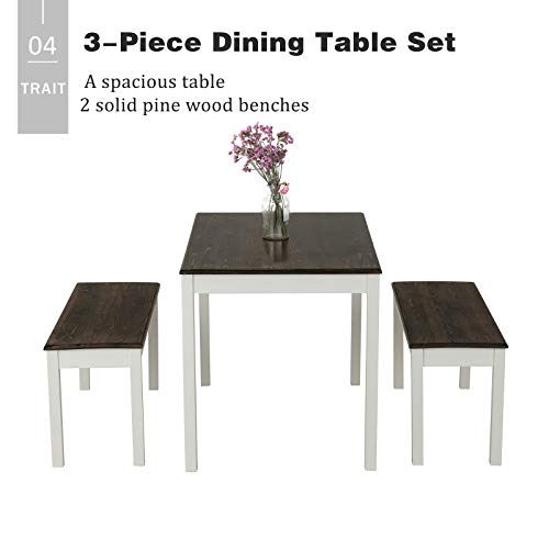 image for Mecor 3-Piece Dining Set Table with 2 Benches, Solid Pine Wood Tableto