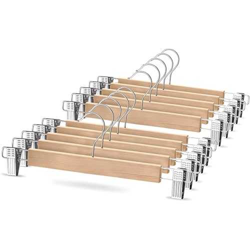 Wooden Trouser Hangers with Clips - Set of 10 Natural Wooden Skirt Hanger with Metal Clips - Space-Saving, Non-Slip Clip Hanger for Trousers, Skirts, Jeans, and More