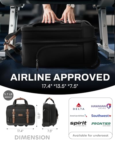 Rolling Laptop Bag, Briefcase for Men and Women, 17 Inch Computer Bag with Wheels Underseat Carry on Luggage, Laptop Briefcase Case for Work, Travel, College Teacher, Mobile Office Bag, Brown2