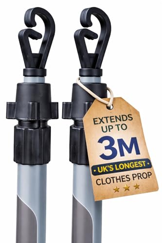 3 metre 3 pole Heavy Duty Metal Telescopic Double Extendable Home Garden Washing Line Clothes Laundry Support Pole Props Outdoor Extenedable from 1.1 to 3M (UK'S LONGEST CLOTHES PROP)(Grey, 2)