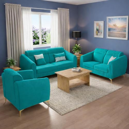 Adorn India Premium Luster Plus 3-2-1 Sofa Set | Velvet Suede Fabric | 3-Year Warranty | Color Aqua Blue with Golden Legs & Striped Pattern Cushion