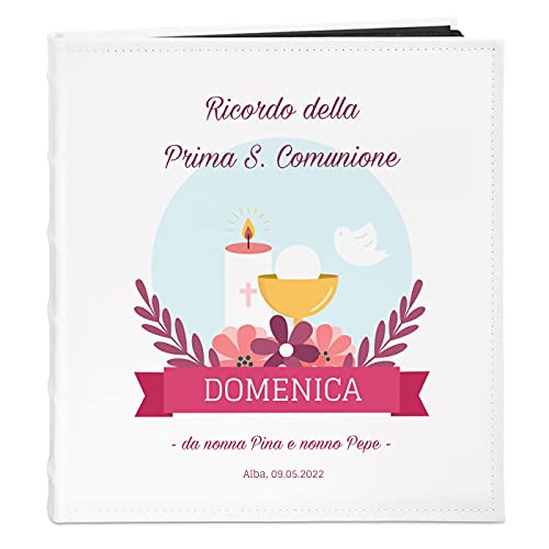 Maverton Album Foto Personalizzato - Copertina in Pelle Sintetica Bianca Personalizzata con Stampa Colorata - 60 pagine nere - 240 foto 10x15 cm - regali per prima comunione - Candela