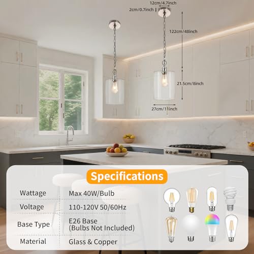 Nwaprh Modern Pendant Light, 7.7" Clear Glass Cylinder Pendant Light Fixture with Brushed Nickel Finish, Adjustable Chain Hanging Light for Kitchen Island Dining Room Hallway Entryway, Foyer, E26 Base by Nwaprh - Used condition - Image 3