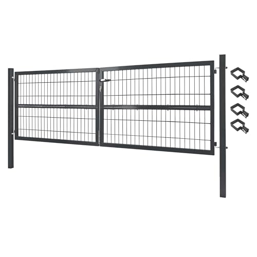V2Aox Gartentor Tor Gartenzaun Zaun 300x80 cm Doppelflügelig Gartentür aus Metall für Stabmattenzaun Abschließbar inkl. Pfosten Grau