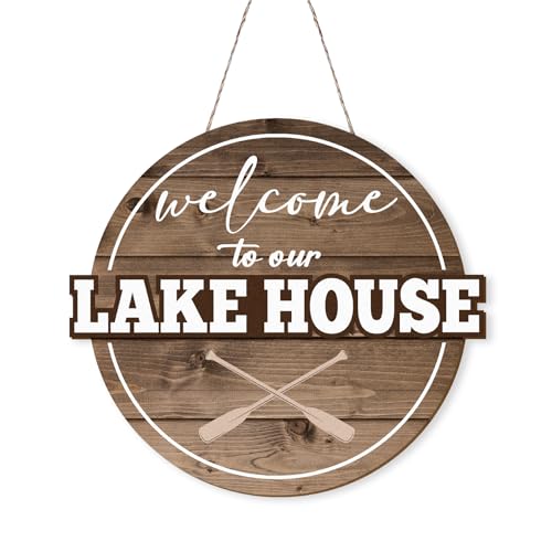 MOTERMATE Welcome to Our Lake House Home Sign Decor for the Home, Lake Life Front Porch Door Decor, Lake House Boat Paddle Wall Hanging Room Decor, Lake House Essentials, Lake House Gifts, 12x12 Inch