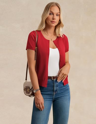 Image of GRACE KARIN Women Short Sleeve Cardigan, 2026 Summer Knitted Sweater Tops, Basic Crew Neck Crop Outfits