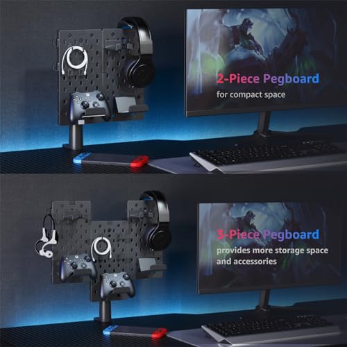 Image of PEGZONE Modular Headphone and Controller Holder for Game, Clamp-on Pegboard, Rotatable Controller Stand with Cable Hooks, Gaming Accessory for Xbox PS5 PS4 Nintendo Switch, 3Pcs Pegboard, Black