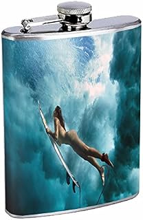 Surfer Pin Up Girl Beach USA S8 Flask Stainless Steel 8oz Hip Silver Whiskey Drinking Spirits Liquor