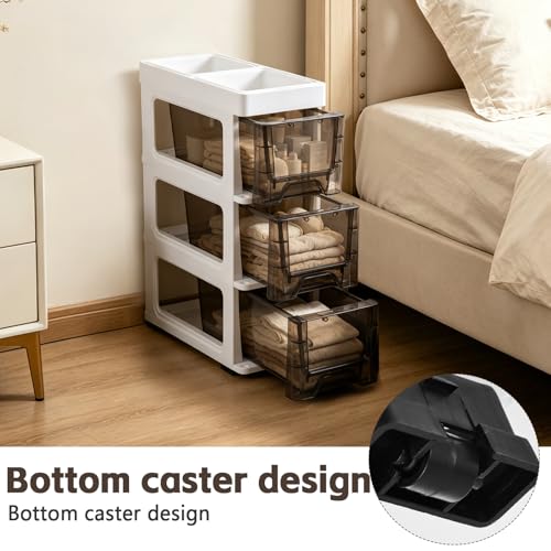 3 Drawer Storage Organizer, Narrow Slim Plastic Storage Drawer Cart with 4 Wheels, 3 Tier Space Saving Storage Tower Box, Narrow Storage Cart for Small Space Bedroom Bathroom Kitchen Pantry Office by Zoketriton - Used condition - Image 5
