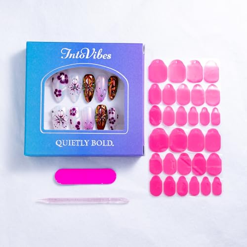 IntoVibes 10 Pieces Handmade Press On Nails Medium Almond, Purple Thickened False Nails With Floral Decoration, Reusable Fake Nails Almond, Reusable Acrylic Nails (L) — view 5