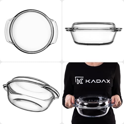KADAX Naczynie żaroodporne okrągłe z pokrywą 2.4 l, odporne na wysoką temperaturę, wygodne uchwyty, do pieczenia lasagne i mięsa