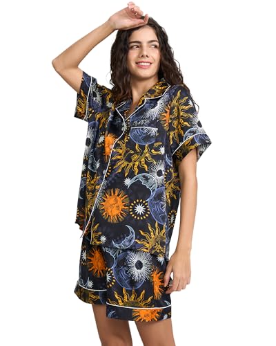 Image of YiNi LuLu Womens Silk Satin Shorts Pajamas Set Button Down 2 Piece Pjs Short Sleeve Oversized Sleepwear with Pockets