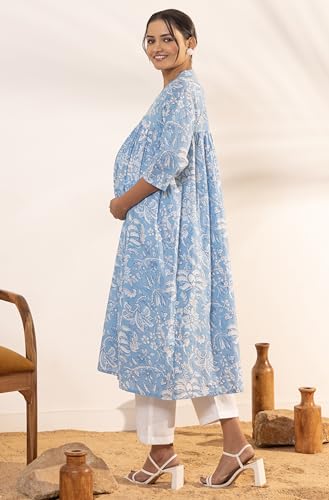 Image of Janasya Women's Pure Cotton Relaxed Fit A Line Floral Printed A-Line Maternity Kurta