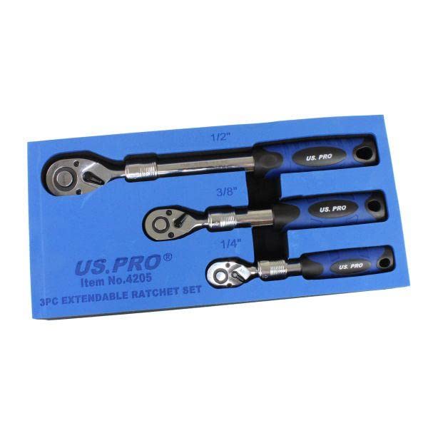 US PRO Tools 3pc Extendable Ratchet Set 1/4" 3/8" 1/2" Drives in Foam Tray 4205