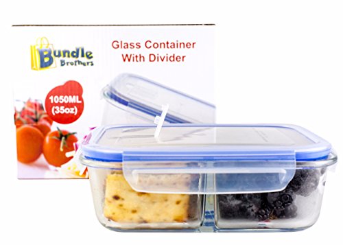 Glass Meal Prep Food Storage Portion Control Container 2-Compartment Divider with Locking Lid/Premium