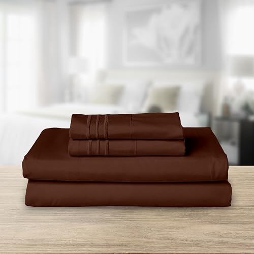 Image of Elegant Comfort Luxurious 1500 Premium Hotel Quality Microfiber Three Line Embroidered Softest 4-Piece Bed Sheet Set, Wrinkle and Fade Resistant, King, Chocolate Brown
