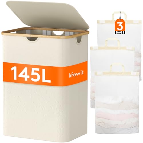 Lifewit 145L Wäschekorb mit Deckel, Wäschesammler 3 Fächer, Wäschebox Groß,Wäschesortierer, Wäschetonne,Wäsche Sortieren, Wäschebehälter,Laundry Baskets für Wäschekammer, Bad, Schlafzimmer, Cremeweiß