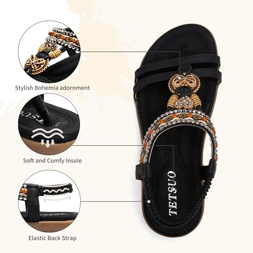 TETSUO Women Sandals Walking Flats Summer Beach Sandals Arch Support Casual Dressy Shoes for Women Elastic Ankle Strap Jeweled Bohemian Shoes3