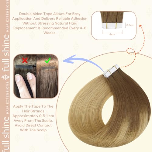 Image of Full Shine Hair Extensions Tape in, Sunkissed Warm Blonde Ombre 18 Inch | 50g 20PCS, Seamless Skin Weft Remy Tape in Hair Extensions, Straight Double Sided Design Soft Finish Party Styling